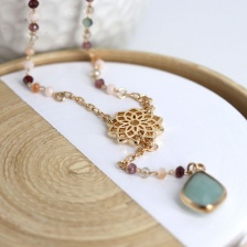 Golden Chain & Bead Necklace with Mandala & Aqua Crystal by Peace of Mind